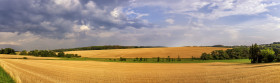 Stock Image: Rural landscape with a harvested wheat field in Germany near Velbert Langenberg, Neviges in North Rhine Westphalia