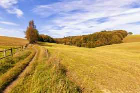 Stock Image: rural landscape with field and blue sky, wuppertal ronsdorf, nrw germany