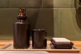 Stock Image: Soap dispenser and sponge in a bathroom