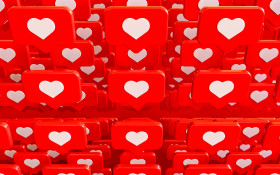 Stock Image: Social Media Network Love and Like Heart Icon 3D Rendering Background in red