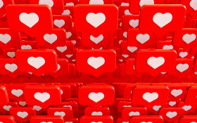 Stock Image: Social Media Network Love and Like Heart Icon 3D Rendering Background in red