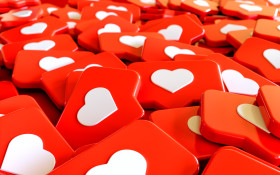 Stock Image: Social Media Network Love and Like Heart Icon 3D Rendering Background in red