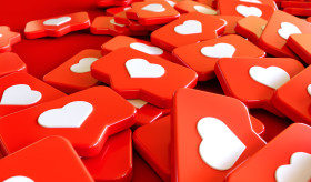 Stock Image: Social Media Network Love and Like Heart Icon 3D Rendering Background in red