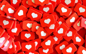 Stock Image: Social Media Network Love and Like Heart Icon 3D Rendering Background in red