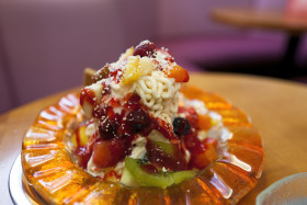 Stock Image: spaghetti ice cream with fruits