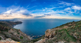 Stock Image: Taula d orientacio Cap de Rederis Seascape Panorama