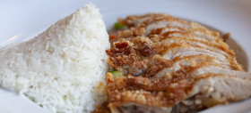 Stock Image: traditional asian food with crispy duck and sweet sour sauce