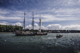 Stock Image: Travemünde, Schleswig-Holstein, Germany - JULY 27, 2019: Beautiful old Sailing Ship Three masted schooner Albert Johannes