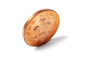 Stock Image: two pence coin isolated on white background, 2 pence from uk