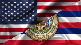 Stock Image: United States USA vs Hawaii flags comparison concept Illustration