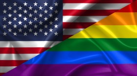 Stock Image: United States USA vs homosexuality Rainbow flags comparison concept Illustration