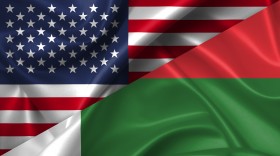 Stock Image: United States USA vs Madagascar flags comparison concept Illustration