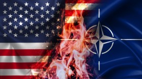 Stock Image: USA NATO burning Flag - conflict war comparison on fire illustration