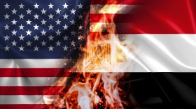 Stock Image: USA vs Egypt burning Flag - conflict war comparison on fire illustration