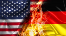 Stock Image: USA vs Germany burning Flag - conflict war comparison on fire illustration