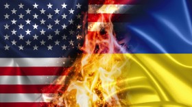 Stock Image: USA vs Ukraine burning Flag - conflict war comparison on fire illustration