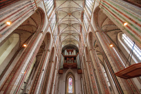 Stock Image: View up to the organ of the Marienkirche in Lübeck