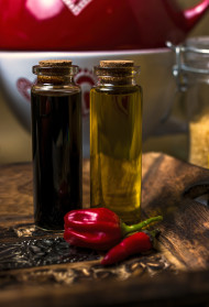 Stock Image: vinegar and oil in a kitchen