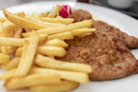 Stock Image: Wiener Schnitzel with French fries and a side salad