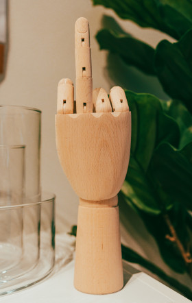 Stock Image: Wooden model hand shows middle finger